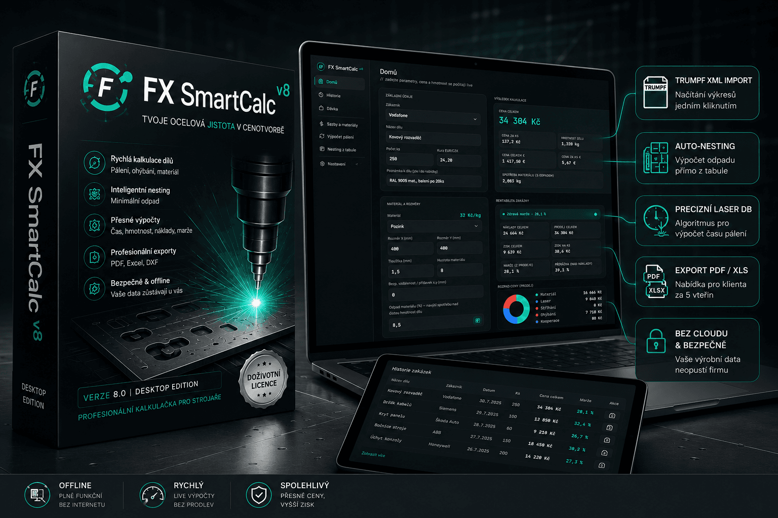 FX SmartCalc v8 — krabice s appkou na notebooku a tabletu